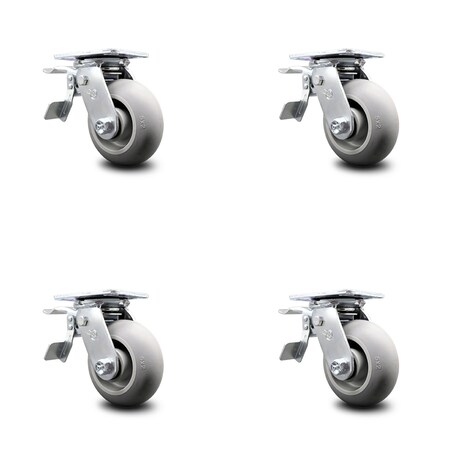 Service Caster 5 Inch Thermoplastic Rubber Caster Set with Roller Bearings and Total Lock Brake SCC-TTL30S520-TPRRD-4